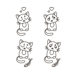 Set of cute cat characters. Satisfied fed kittens. Wary fishbone.
