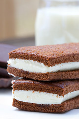 Homemade chocolate sponge cake with fluffy milky filling. Closeu