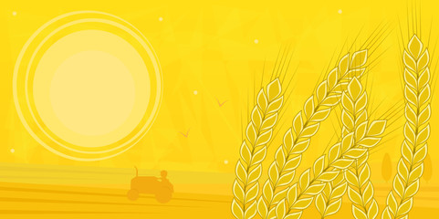 Field in Summer - Silhouette of a farmer driving a tractor in the field and stock of wheat in the foreground. Eps10