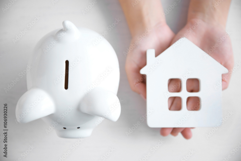 Sticker Savings concept. Woman holding piggy bank and house figure, close up