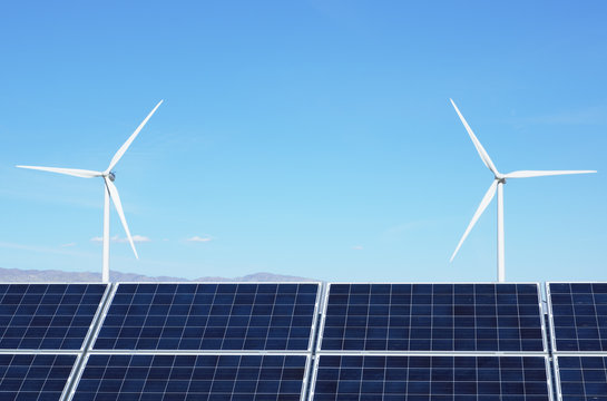 Photovoltaic solar panels and wind turbines, San Gorgonio Pass Wind Farm, Palm Springs, California, USA