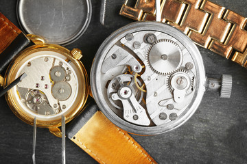Mechanism of retro watch closeup