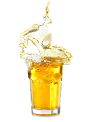 Ice tea with lemon splash, isolated on white