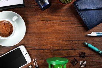 Naklejka premium Stylish workplace with accessories, top view