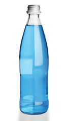 Glass bottled water on the blue background, close up