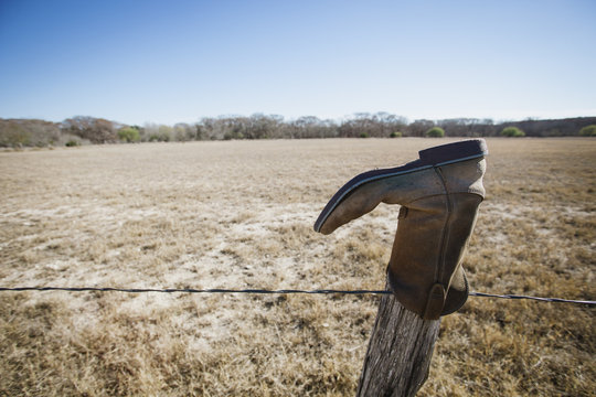 Abandoned boot on fencepost, Texas, USA