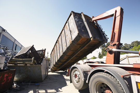 Unloading skip in scrap metal yard