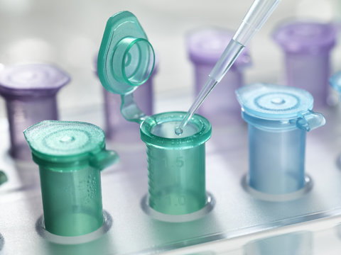 Pipette dropping a solution into a vial, used for storing liquid during chemical or biological research