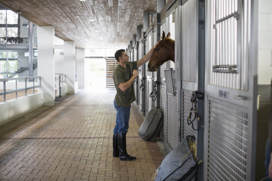 Male stablehand petting horse in stables