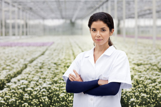 Scientist standing in front of rows of plants growing in greenhouse, arms folded