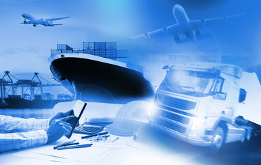 container truck ,ship in port and freight cargo plane in transpo