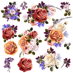 Collection or set of realistic vector flowers for design