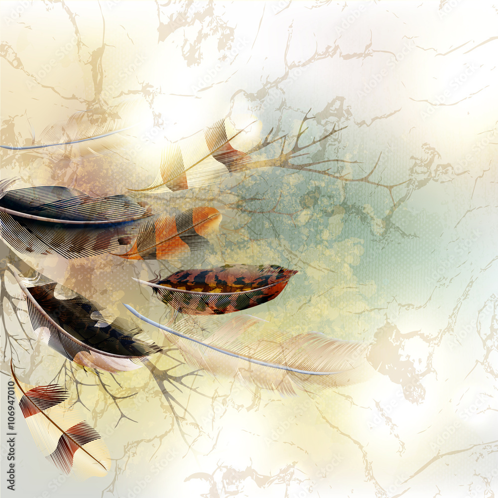 Poster Background with feathers in realistic style