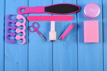 Cosmetics and accessories for manicure or pedicure, concept of foot, hand and nail care, copy space...