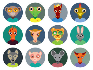 Chinese zodiac collection, Set of animals faces circle icons in Trendy Flat Style. infographics design.