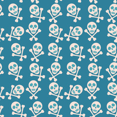 Fototapeta premium Blue seamless background. Skull and bones. Pirates.
