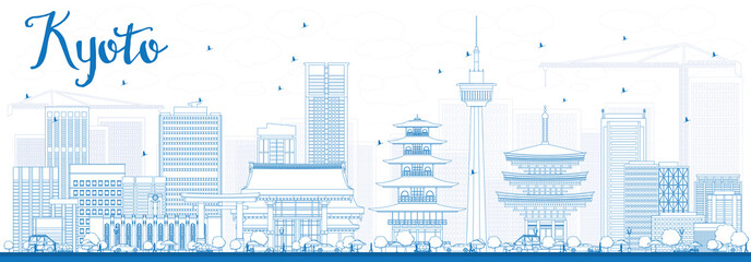 Obraz premium Zarys panoramę Kioto z niebieskimi punktami orientacyjnymi.