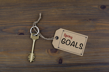 Key and a note on a wooden table with text - Spring Goals