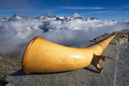 Alpine horn and mountains around Weisshorn,  from Gornergrat