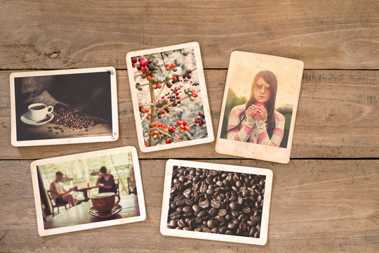 Coffee photo album on wood table. instant photo of film camera - vintage and retro style