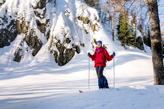 Winter Landscape With A Mountain Ski Tracks And Tourist Back Country Skier