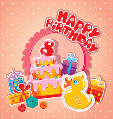 Baby birthday card with yellow duck, big cake and gift boxes. Ei