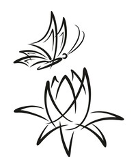 Flight of butterfly with flower. 