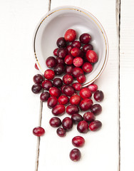 Cranberries in a bowl on wooden boards