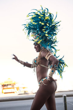 Samba dancer in motion, Ipanema Beach, Rio De Janeiro, Brazil