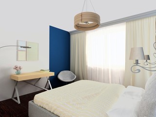 Rendering of bright cozy bedroom with workplace and modern accessories 