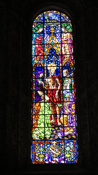 Stained glass window in Jeronimos Monastery in Lisbon, Portugal.