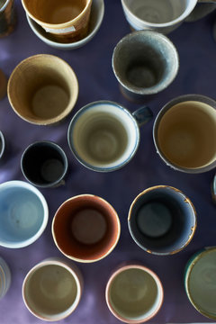 Large group of traditional Japanese ceramics, overhead view