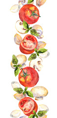 Patterned background with vegetarian vegetables: tomatoes, mushrooms, garlic and basil 