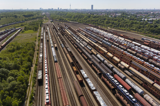 View of rail lines and freight, Munich, Bavaria, Germany