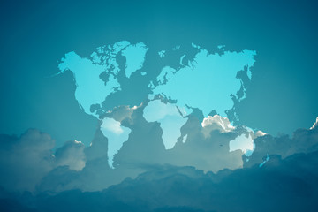 Blue sky cloud with world map , process in vintage style