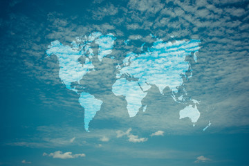 Blue sky cloud with world map , process in vintage style