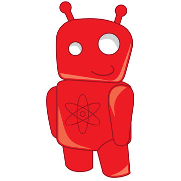 Smiling red robot toy with atom sign