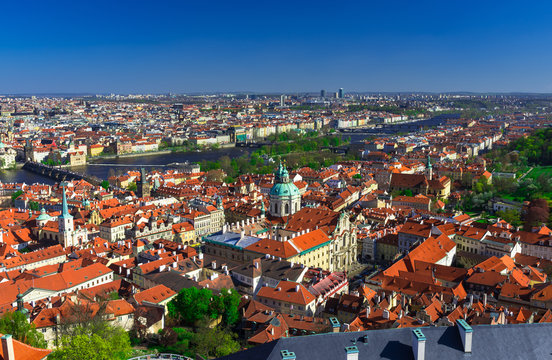 Aerial view Mala Strana (Lesser Town of Prague) and Old Town in