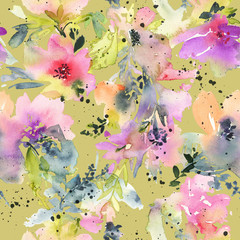 Abstract watercolor flowers. Seamless pattern.
