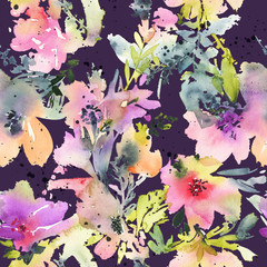 Abstract watercolor flowers. Seamless pattern.