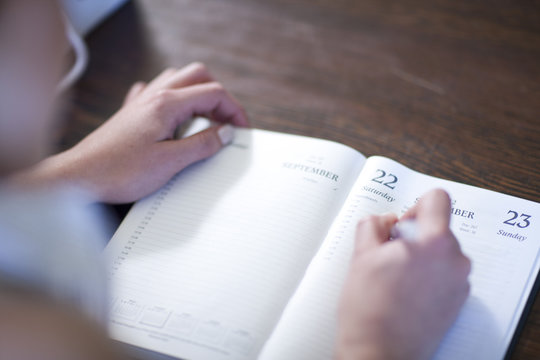 Close up of female writing in diary