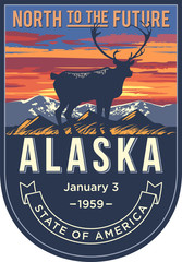 Аляска эмблема штата США, олень на закате на синем фоне