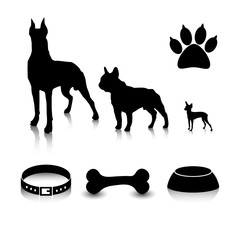 Vector set of dogs silhouettes  of different sizes and subjects. Feeder, bone, collar and a trace of foot.