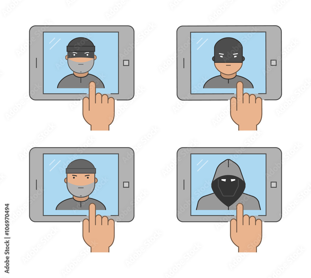 Poster modern icon set cybercrime. vector symbol of hacking. line internet thief on a white background.