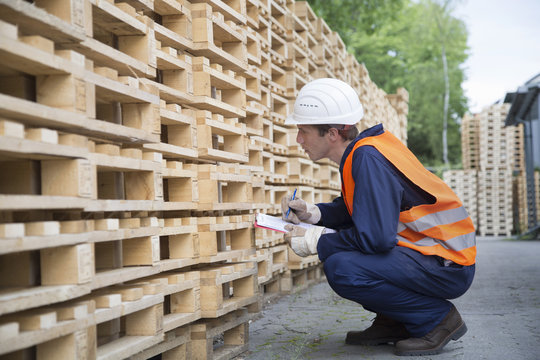 Young male worker pallet stock taking in timber yard