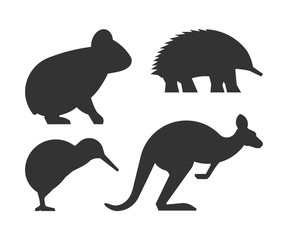 Vector set of silhouettes australian animals. Black icon koalas, kangaroos, echidnas and kiwi.