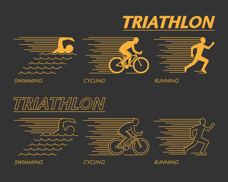 Modern line triathlon symbol. Gold vector figures triathletes. Outline triathlon icons. Vector line silhouette triathletes. Swimming, cycling and running icons.