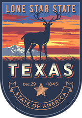 Техас, эмблема штата США, олень на закате на синем фоне