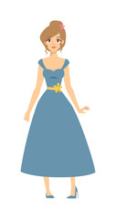 Full body young blonde top model woman in blue dress posing and style shoes cartoon vector.