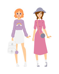 Two woman in sunglasses showing girl having fun style casual outfit concept lifestyle urban fashion trendy looks vector. 